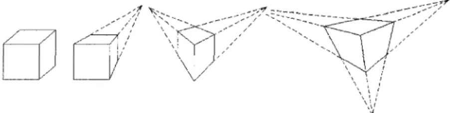Fig. 1. The box on the left is under orthographic projection. The other boxes are under per- per-spective projection, with one, two and three non-infinite vanishing points