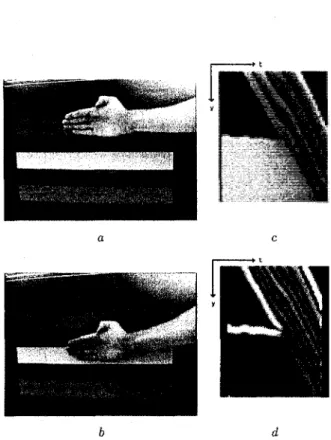 Fig. 6 Closeup view of an occlusion event as the hand pass  over the white band a) The video sequence at t=0