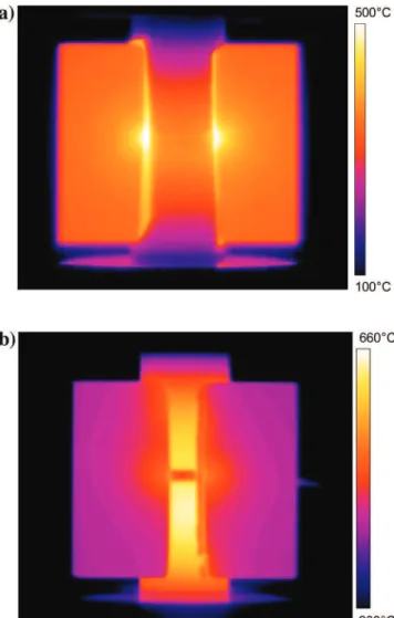 Fig. 1. Infrared thermal images of open die containing: (a) Alumina sample (b) Copper sample.