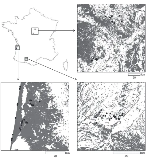 Figure 1. Location of the three study areas in Centre, Aquitaine and Midi-Pyr!en!ees regions