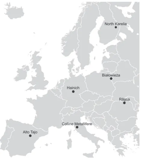 Figure 1. Map showing the location of the six sampling sites in the respective European country