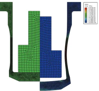 Figure 2: Two-dimensional axisymmetric tensile Finite Element Model: left is unde- unde-formed model, right is plastic strain after impact.