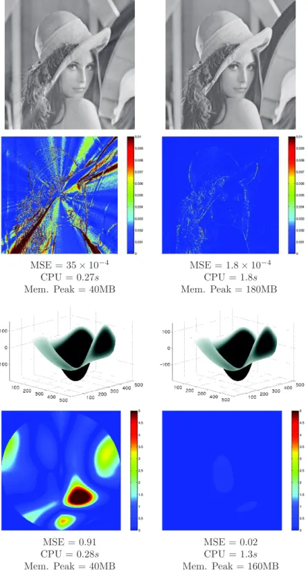 Fig. 3.3 . Results on the 512 × 512 ’Lena’ and ’Peaks’ datasets. Though the squared error map demonstrates the artifacts due to the propagating nature of the FM scheme, the reconstruction result is qualitatively very satisfactory, while requiring much less