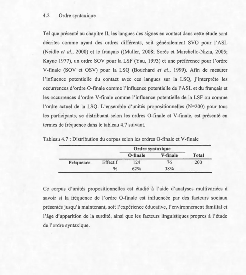 Tableau 4.7  : Distribution du  corpus selon les  ordres 0-finale et V -finale 