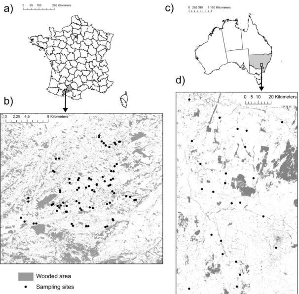 Figure 1 Maps showing (a, c) the French and Australian study areas, (b) the 78 sampled crop fields in SW France and (d) the  24 sampled crop fields in NSW Australia