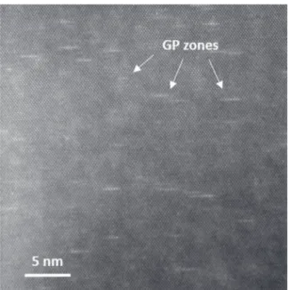 Fig. 3. HAADF STEM observation of GP zones along a &lt;110&gt; axis of the Al matrix in the AA 2050-T34 alloy.