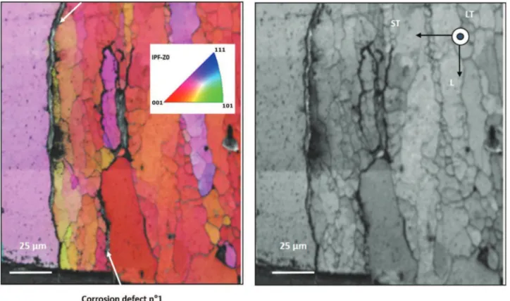 Fig. 9. EBSD (IPF-Z0) micrograph of the corrosion defects situated between grains showing large discrepancies of internal misorientation in the AA 2050-T34 alloy and the corresponding SEM micrograph.