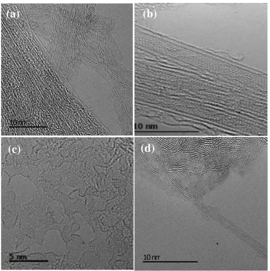 Figure S2B Typical HR-TEM images of (a) raw SWNT; (b) raw DWNT; (c) acid-treated  SWNT; (d) acid-treated DWNT 