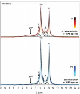 Figure 8. 31 P MAS NMR spectra (decoupled from 1 H during the acquisition) of samples synthesized in the presence of 1.00 mM Cu 2+ introduced in the buﬀer (b) or in the calcium reagent solution (rs)