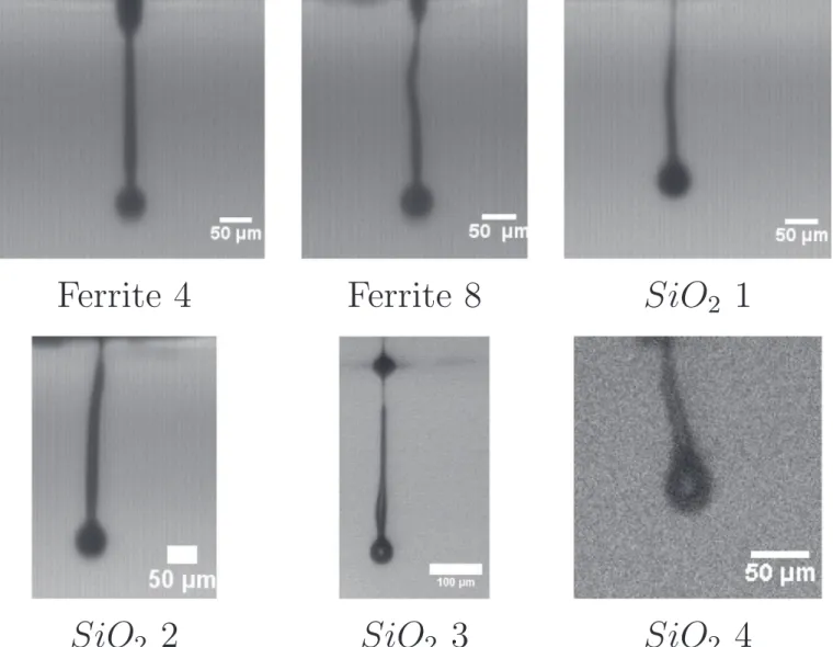 Fig. 6. Snapshots just before ﬁlament breakup for particulate inks (scale: 50 μm). The nozzle is at the top of the image