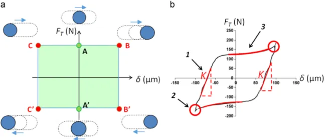 Fig. 1. (a) Ideal fretting loop in gross slip; (b) characteristics of real fretting cycle.