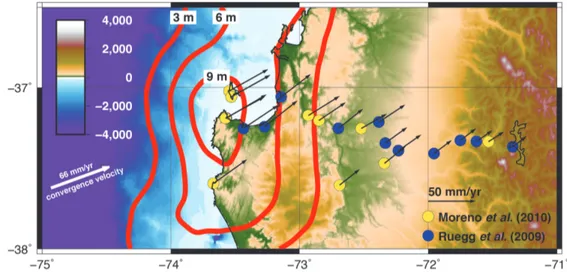 FIG. 1. GPS-derived surface velocity vectors across a trench-perpendicular transect at Arauco Peninsula (aprox 37.3º S) in south- south-central Chile (topography/bathymetry of the area is color-coded)