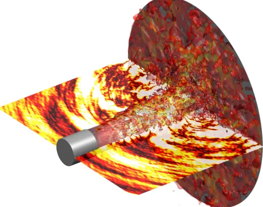 Figure 3. Isosurfaces of density for JetL10. The isosurfaces for 1.3 kg.m −3 are represented colored by the Mach number