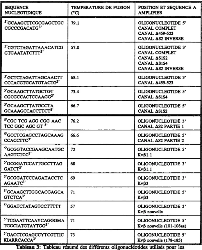 Tableau 3: Tableau  n!  sumé des ditterents  oli  g  onuclc  otides utilisés  po  ur  les  amplifications PCR et RT-PCR