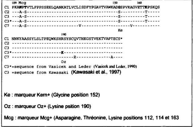 Figure  6  :  Alignement  de  stquence  prottlque  des  dltNrents  lsotypes.  Les  différents marqueurs sont identifiés  à  leur position respective