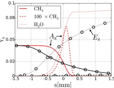 Fig. 8. Mass fractions of CH  4  , CH  3  and H  2  O along the paths [ AB ] ∈ E  z  (curve with  markers) and [ CD ] ∈ A  z  (curves)