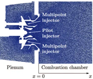 Fig. 2 Middle cut plane of the mesh showing the swirling device (proportions changed)