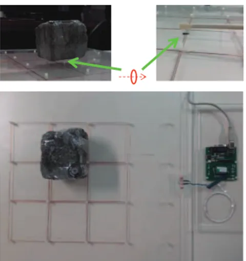 Figure  6 : RFID  detection tests setup and a position where    the  glasstag is detected in vertical mode at 1 cm height