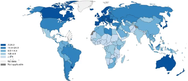 Figure 11 : Incidence du cancer colorectal dans le monde. Taux estimé standardisé sur l’âge pour  100 000 habitants (IARC, 2012b) 
