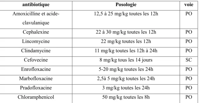 Tableau 3: Posologie des antibiotiques utilisés lors de pyodermites (33, 34) 