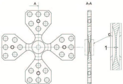 Fig. 2 shows the von Mises stress field for a  95  kN  biaxial  tensile  loading  applied  to  three  different  designs:  the  initial  geometry  having  a  circular  gauge  area  of  a  diameter  of  15  mm  with  a  thickness  of  1.6  mm,  a  second  g