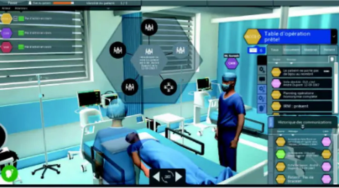Fig. 1. 3DVOR features a 3-dimensional virtual environment where players can interact with each other’s avatars, with the patient or the many props included in the scene (documents, instruments, appliances, etc)