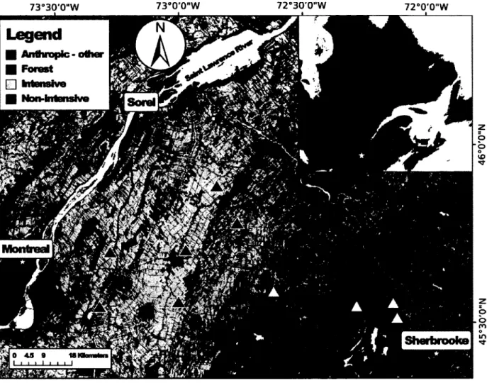 Figure  2.1.  Distribution  of  the  10  farms  used  in  this  study  of  tree  swallows  (Tachycineta  bicolor)  along  a  gradient  of  agricultural  intensification  in  southern  Québec,  Canada,  2008-2010