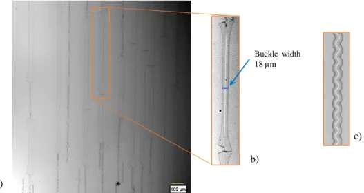 Figure 6: (a) Concomitance of buckles and cracks observed on SiO 2  Type B, (b) measurement of a buckle width, (c) example  of a telephone cord associated to the unloading of sample