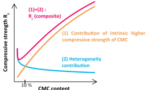 Fig. 9 Schematic diagram illustrating the probable competition between the source of heterogeneity and better compressive strength of CMC compared to the mineral phase