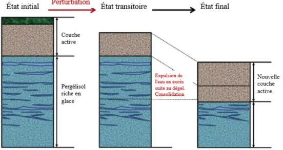 Figure 9. Comportement du pergélisol riche en glace lors d'une modification des conditions de  surface (Modifiée de (Mackay, 1970)) 