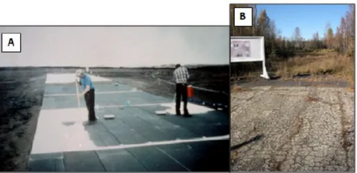 Figure 14. A) Application de peinture blanche sur une section d'essai en Alaska (Photo: Laboratoire  de recherche et d'ingénierie de la région froide, CRREL); B) Image de la même section d'essai 30 