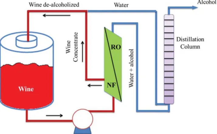 Figure 8 Process of wine de-alcoholization by coupling reverse osmosis or nanofiltration and distillation.