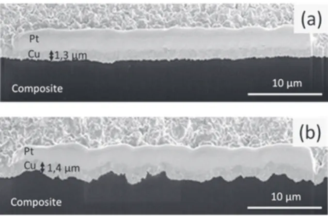 Fig. 5. SEM cross sectional micrograph of Cu on (a) untreated and (b) UV treated composite.