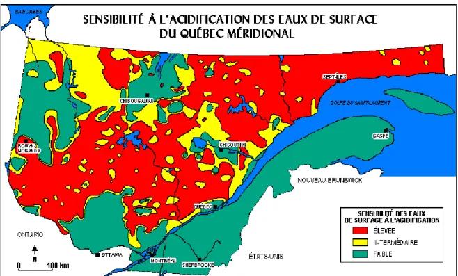 Figure  2.1  Sensibilité  à  l’acidification  des  eaux  de  surface  du  Québec  méridional  (tiré  de  MDDEFP, 2002a) 