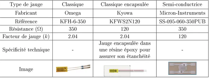 Tableau 1.1  Caractéristiques techniques des jauges étudiées au cours de ce travail Type de jauge Classique Classique encapsulée Semi-conductrice