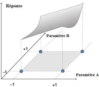 Figure 16 : Surface de réponse formée par la modélisation de l'ensemble des points  expérimentaux du domaine d'étude[94] 