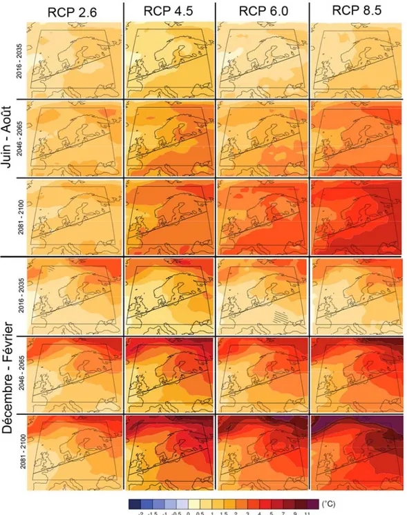 Figure I.3 : Changement de la température de l’air (moyenne de l’ensemble CMIP5 par rapport à la période 1986 -  2005) pour les périodes estivales (juin - août) et hivernales (décembre – février) pour chacun des 4 scénarios RCP