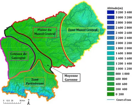 Figure II.2 : Topographie du bassin versant de la Garonne à Tonneins, découpé en grandes zones homogènes 
