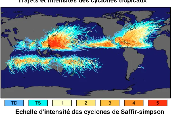 FIG. 1.4 – Trajectoires des dépressions, tempêtes et cyclones tropicaux à la surface terrestre sur la période 1856-2006