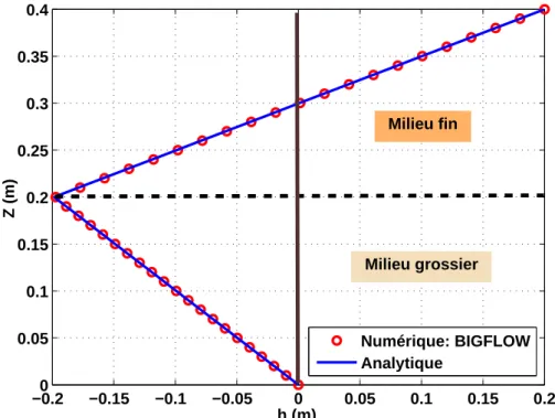Figure 3.7: Profil de pression BIGFLOW-MATLAB pour le probleme de la rizière bicouche (sol fin sur sol grossier avec interface à z = −0.2m) pour une nappe peu profonde