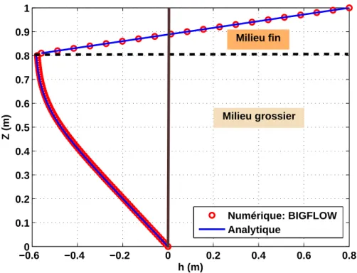 Figure 3.8: Profil de pression BIGFLOW-MATLAB pour le problème de la rizière bicouche (sol fin sur sol grossier) pour une nappe profonde P 1 + P 2 = 1.0 m.