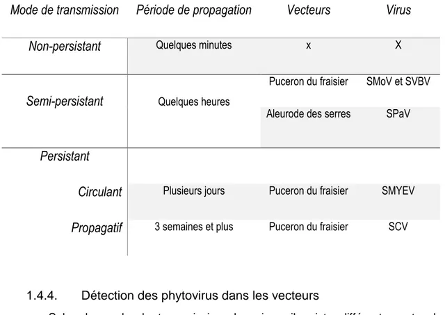 Tableau 5 : Récapitulatif des caractéristiques de transmission des virus par les insectes  vecteurs