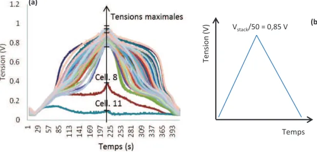 Figure I. 33 : Tensions des cellules au cours d'une VC sur stack (S50_V1) (a) et tension théorique (b) 