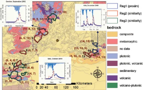 Figure 5 : Bassins non jaugés numerotés en noir avec le schéma de régionalisation produisant les meilleures performances  (frontière du bassin en bleu, rouge ou vert selon méthode) et les bassins donneurs (numéros marrons)