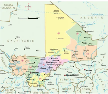 Figure 1 : Carte du Mali, ses régions administratives et les pays limitrophes. 