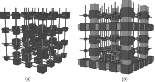 Fig. 4. Pore network model: (a) Monoporous wick and (b) bidispersed wick. Note that, for simplicity, only the pores are randomly distributed in (a); whereas the network is depicted with a constant size of pores and throats in (b)
