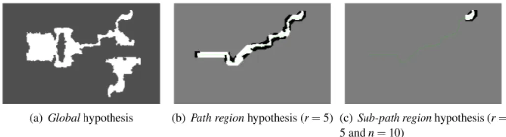 Figure 2. Occupancy-grid representations of hypotheses. White represents free space, gray occupied space.