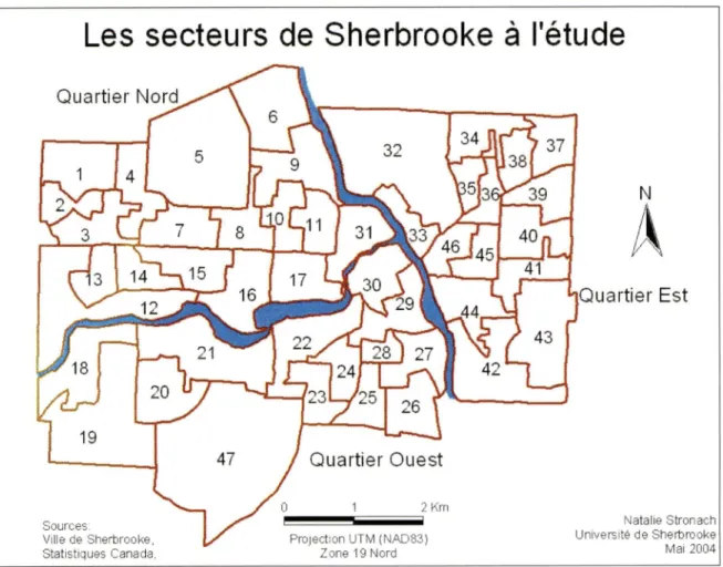 Figure 3  :  Les secteurs de la ville de Sherbrooke