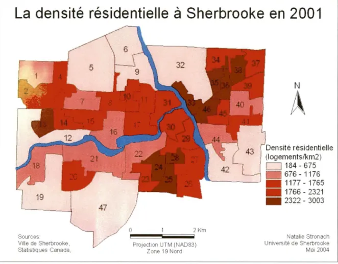 Figure 5  ; La  densité résidentielle à Sherbrooke