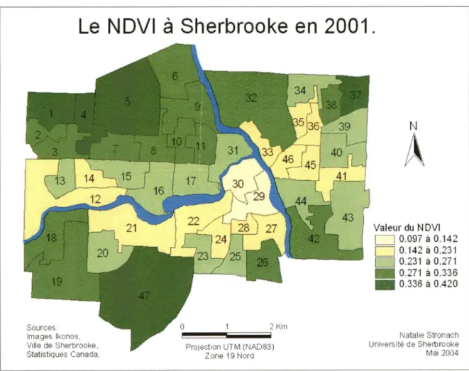 Figure 6 : Le NDVI  à Sherbrooke
